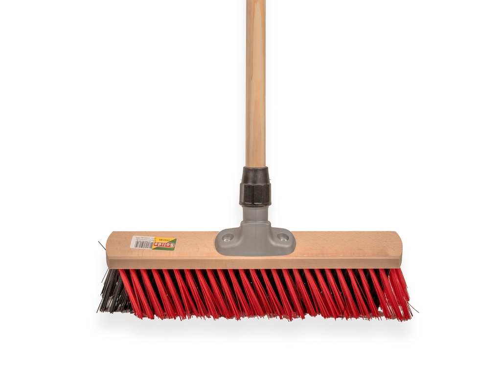Bezem, model X, Solide met stokhouder, 40 cm breed PPN zwart/rood met steel 150 x 2,8 cm , ingekort op 0,5 cm