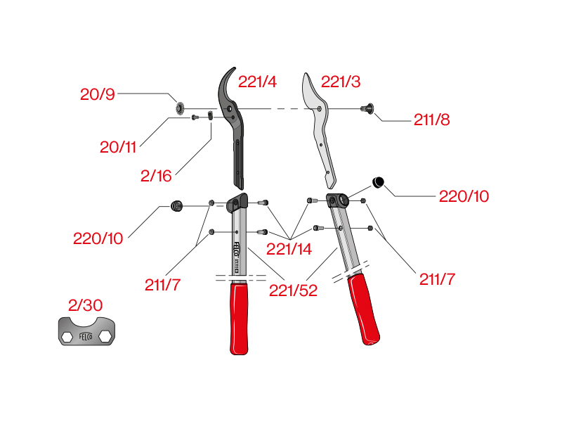 Takkenschaar Felco 221-70, lengte 70 cm, gebogen snijkop, aluminium grepen
