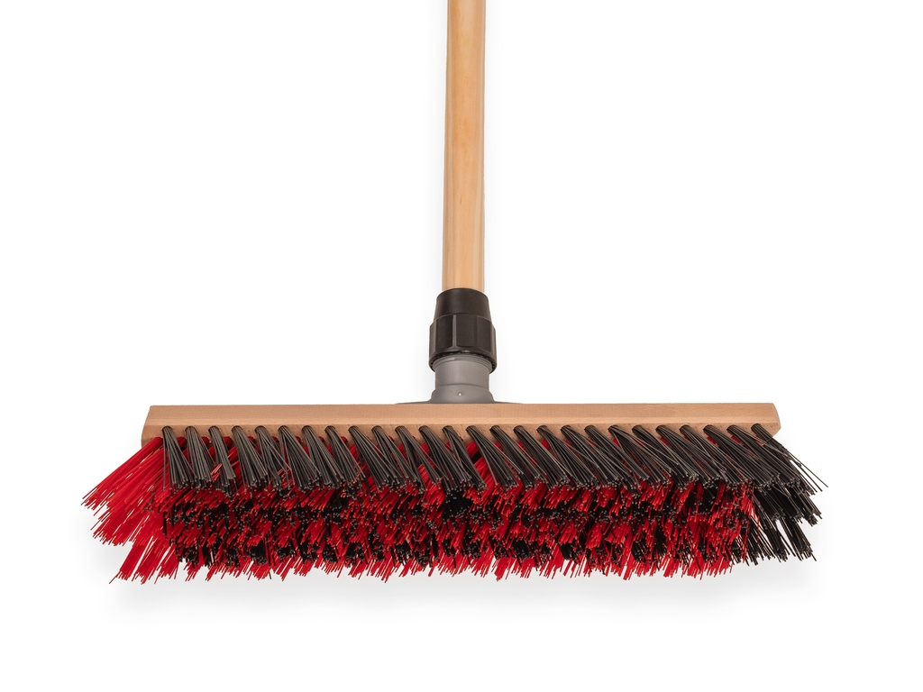 Bezem, model X, Solide met stokhouder, 40 cm breed PPN zwart/rood met steel 150 x 2,8 cm , ingekort op 0,5 cm