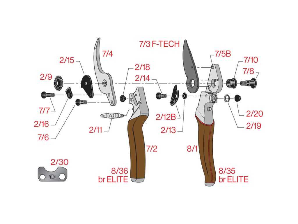 Snoeischaar met F-Tech bovenmes, leder comfort  handgrepen en sluitclip met extra 'halve stand'