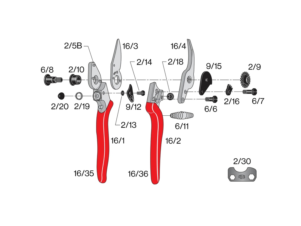 Snoeischaar FELCO 16 linkshandig (Medium), compact, kegelvormige kop, knipt tot 20 mm