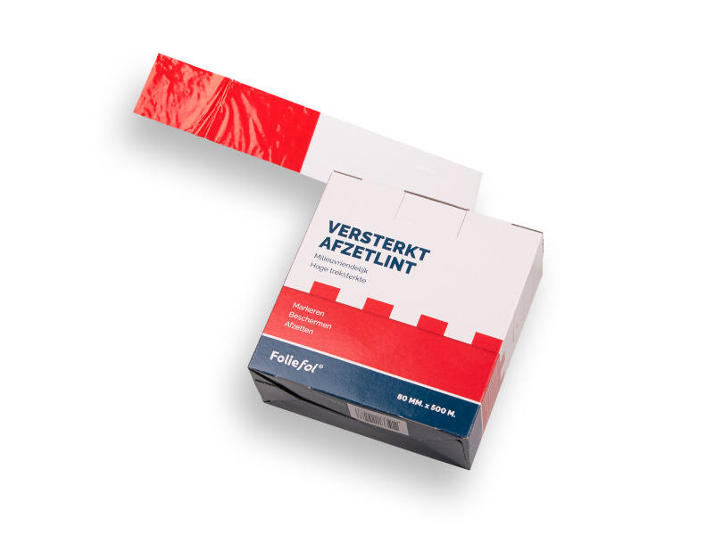 Afzetband KONVOX rood-wit 500 mtr x 8 cm, trekvast PE, in dispenserdoos