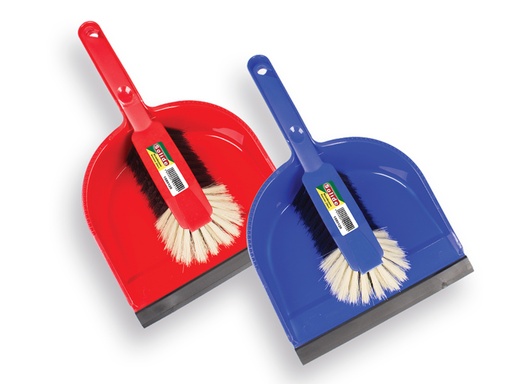 [1492035] Stofblik SOLIDE kunststof met rubber strip, met kunststof handveger (blauw en rood)