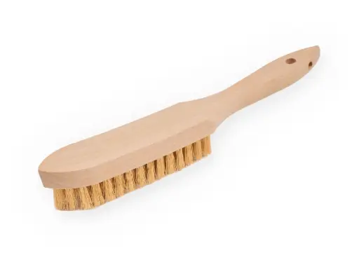 [1308184] Handborstel 5 rijen, gehard vermessingd staaldraad, met HOUTEN greep